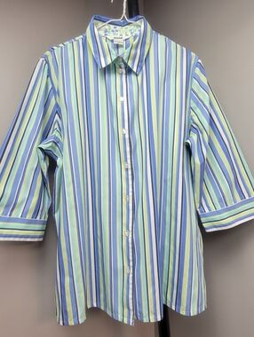 Alia Women Striped Button-Down Shirt White Lime Sky Blue Pastel Multicolor Sz 18